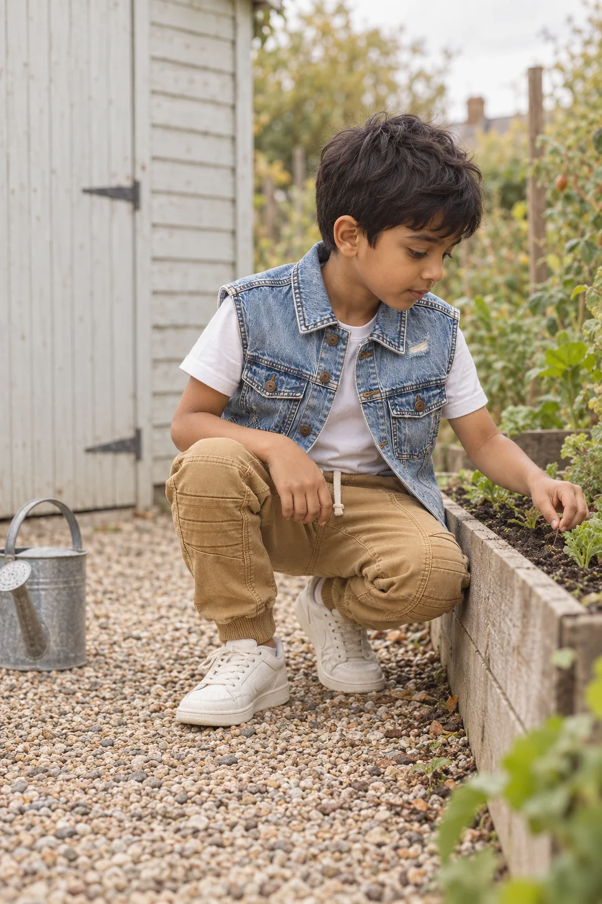 A boy in a white tee, a light-wash denim gilet and tan joggers crouches by a raised bed in a London allotment.