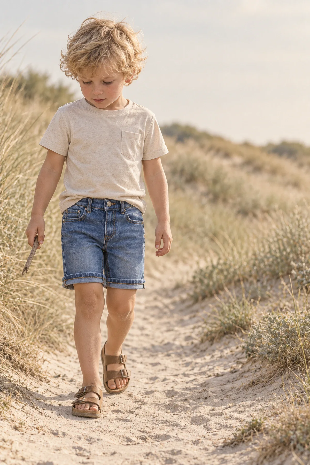A boy in an oatmeal tee and mid-blue denim shorts walks a sandy path through the Dutch dunes, a stick in his hand.