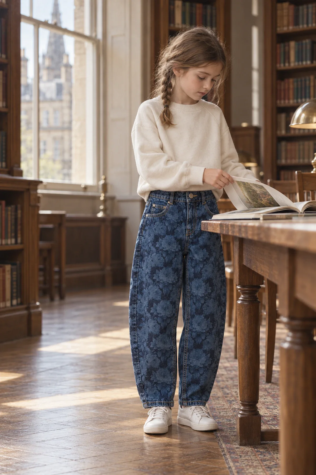 A girl in a cream sweatshirt and floral jacquard barrel jeans turns the pages of a book at a long oak table in an Edinburgh library.