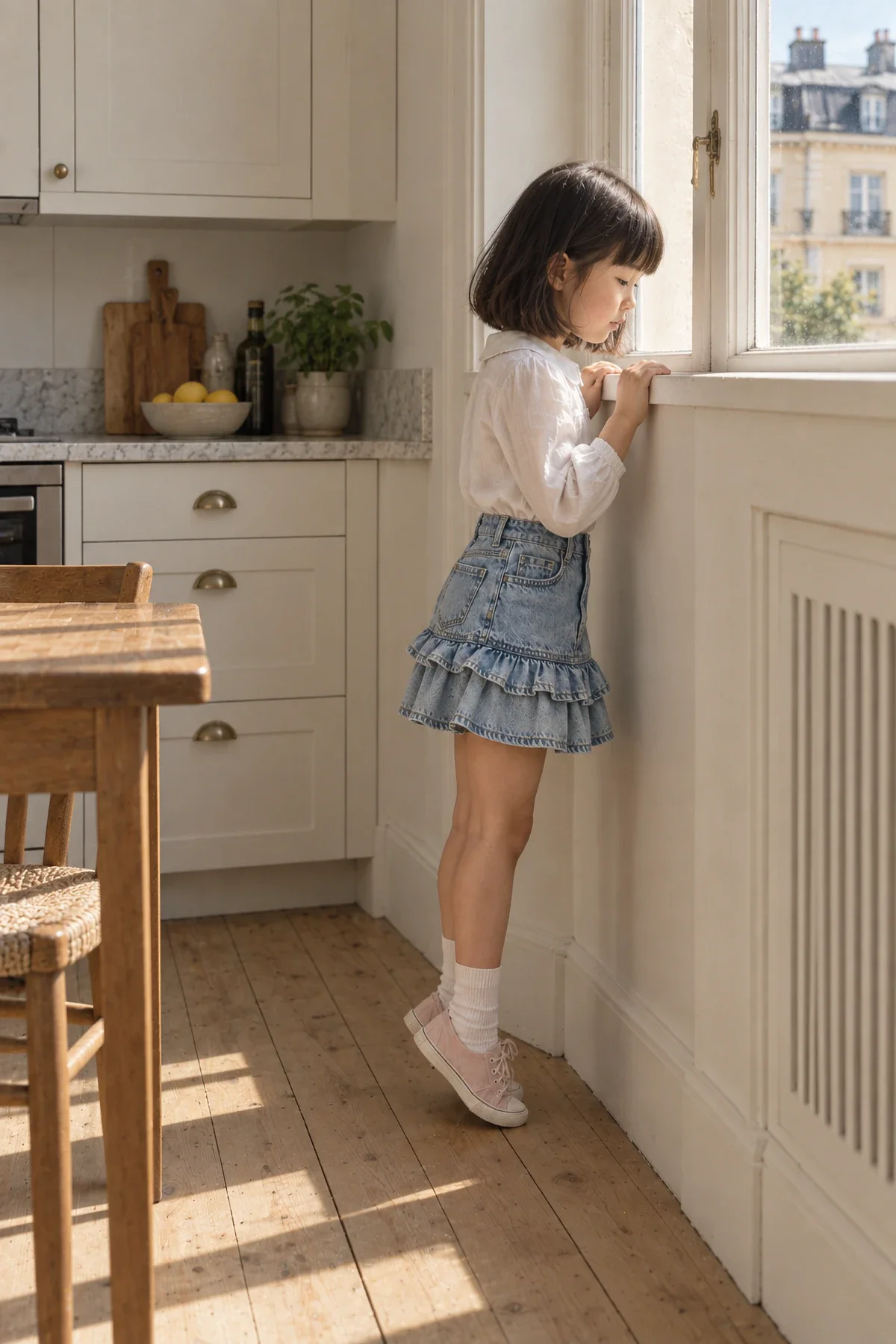 A girl in a white blouse and a light tiered ruffle skirt stands on tiptoe to look out of a kitchen window in Stockholm.