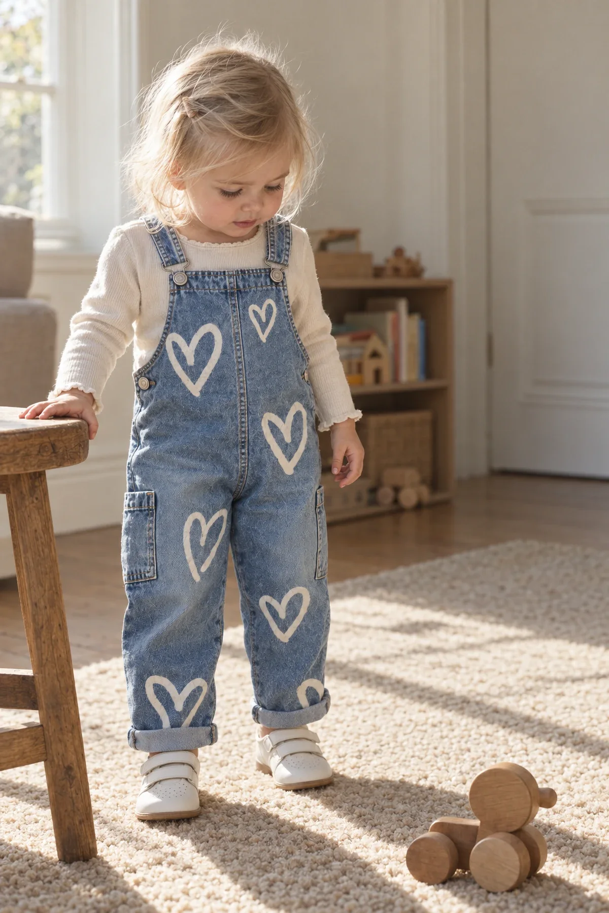 A toddler in a cream top and heart-print dungarees steadies herself on a wooden stool on a pale rug in a London flat.