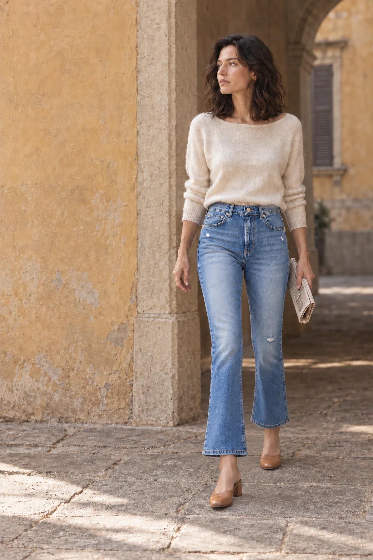A woman in an ivory boat-neck knit and mid-blue jeans walks out from under a stone arch in a Milan courtyard.
