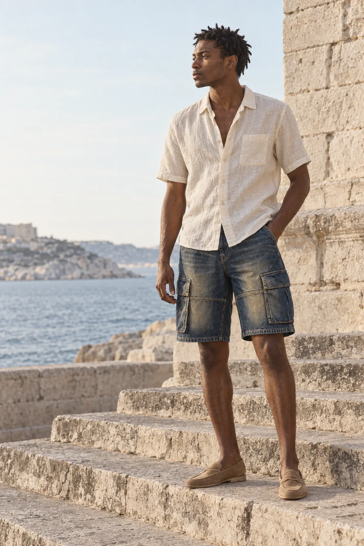 A man in a cream linen shirt and tinted cargo shorts stands on old stone steps above the harbour in Marseille.