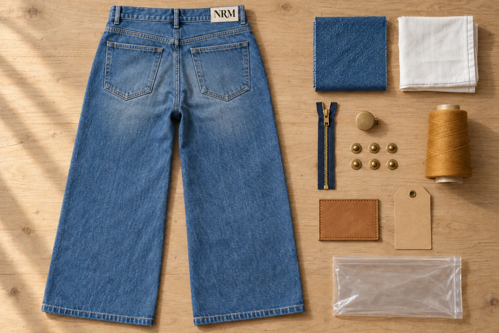Seen from above on an oak table, mid-blue wide-leg jeans laid back up with the NRM label, and beside them a denim swatch, white pocketing, a brass zip, a shank button, six rivets, ochre thread, a leather patch, a hangtag and a poly bag.