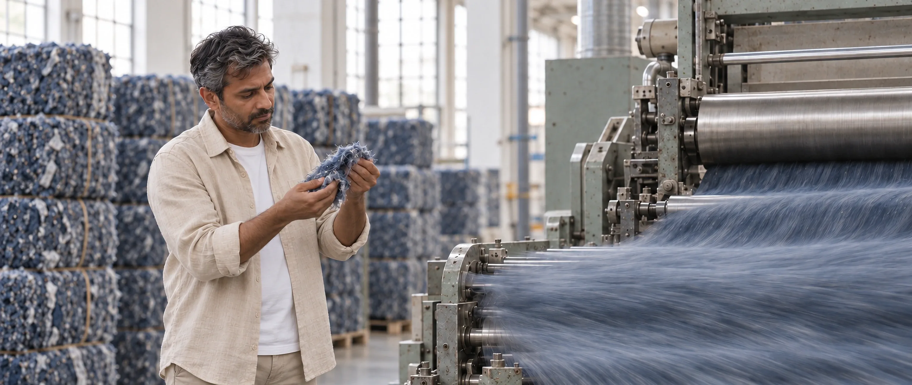 In a bright mill, a man in a linen overshirt checks a handful of recycled denim fibre beside a carding machine, the fibre streaming past in a blur.