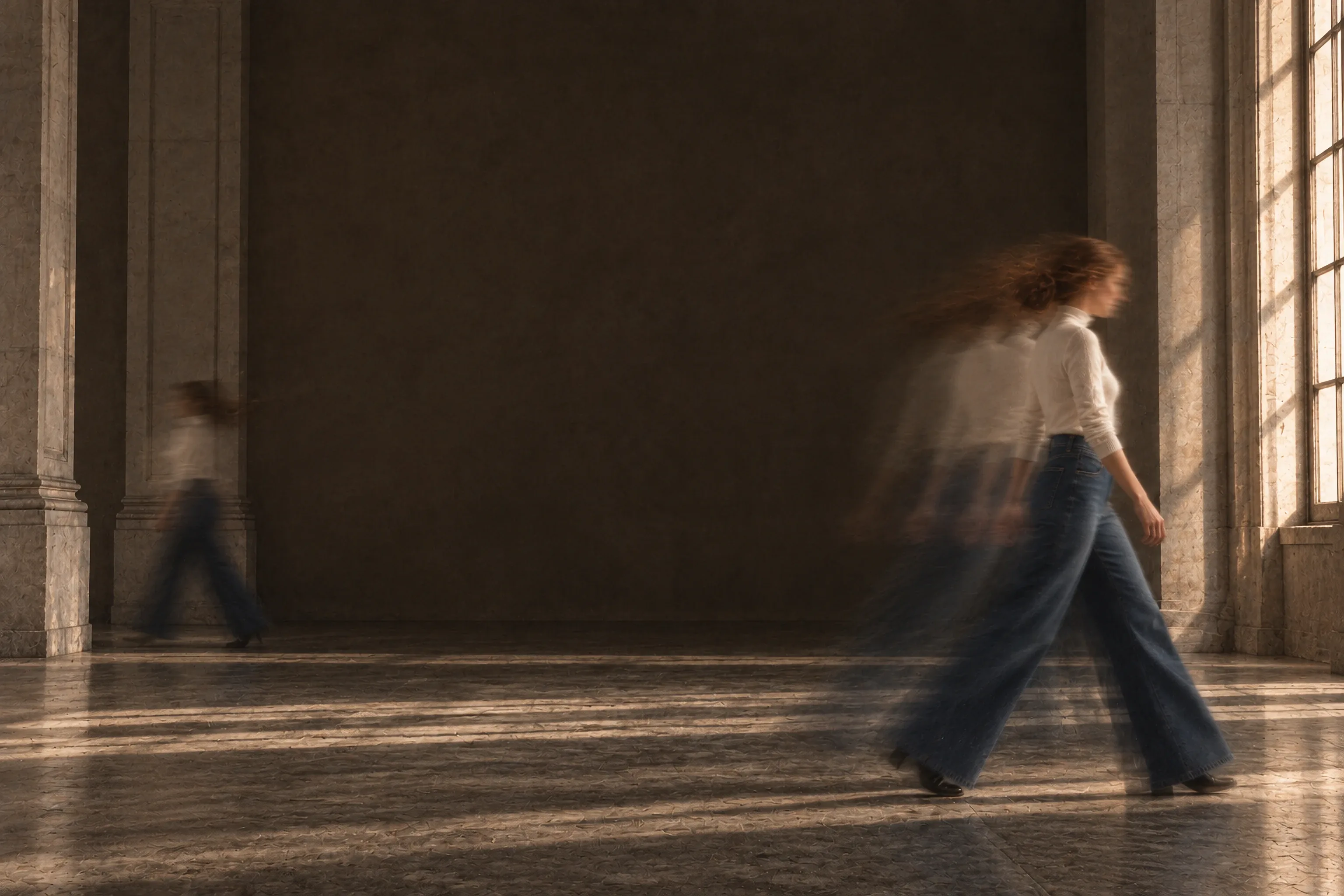 A woman in wide-leg indigo jeans strides across a stone gallery hall, her stride ghosted into soft trails; another woman crosses far behind.