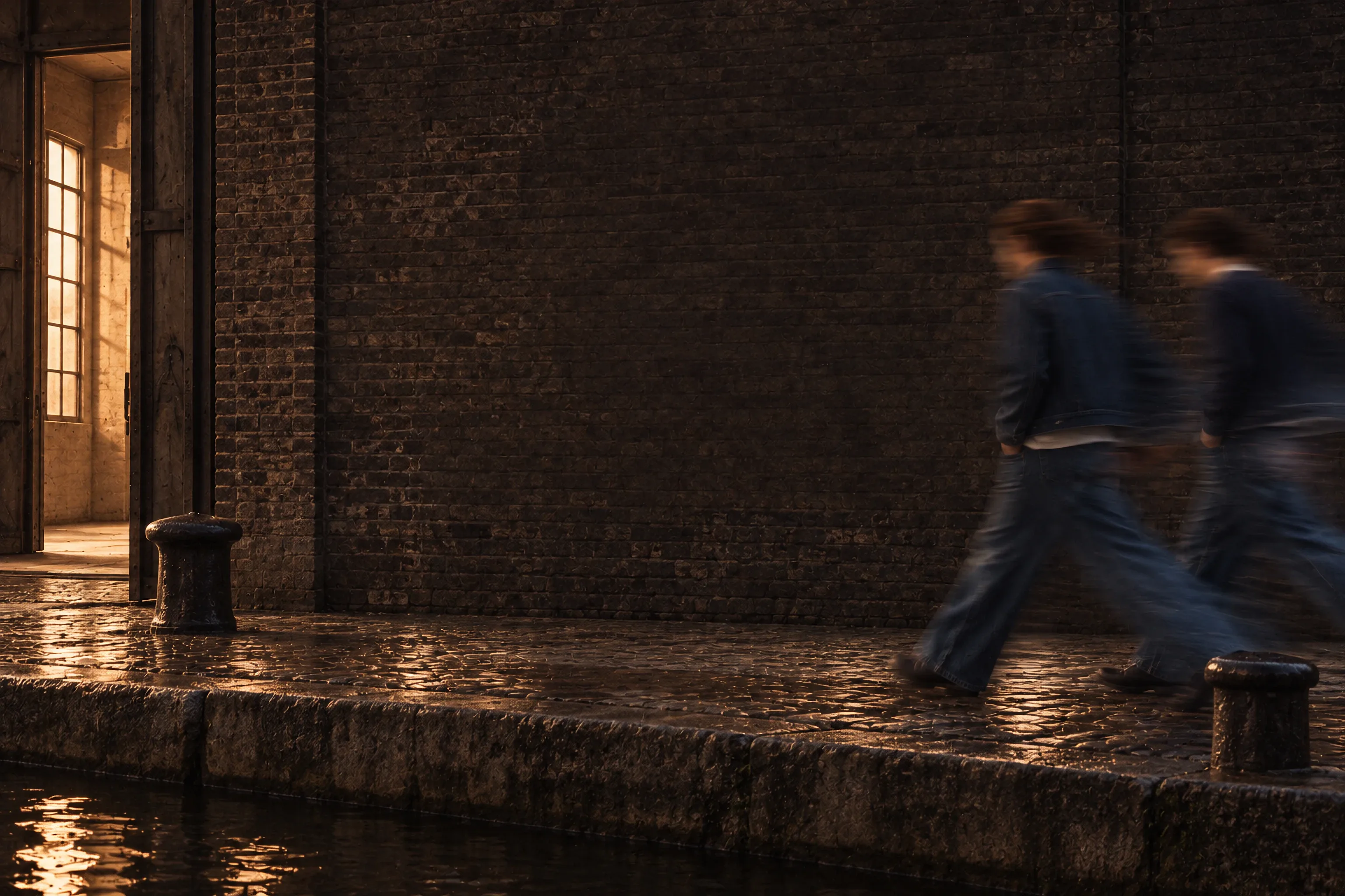 Dusk on a canal quay: two men in denim stride past a brick warehouse, their legs and jackets dragged into long blurred streaks.