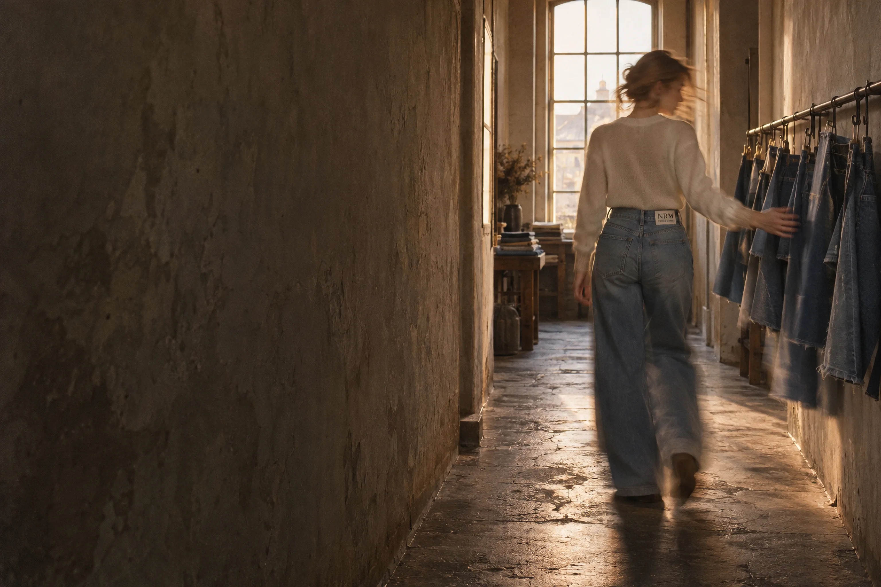 A woman in a cream blouse and pale wide-leg jeans walks along a dark, warm-lit corridor past a rail of denim, turning towards it.