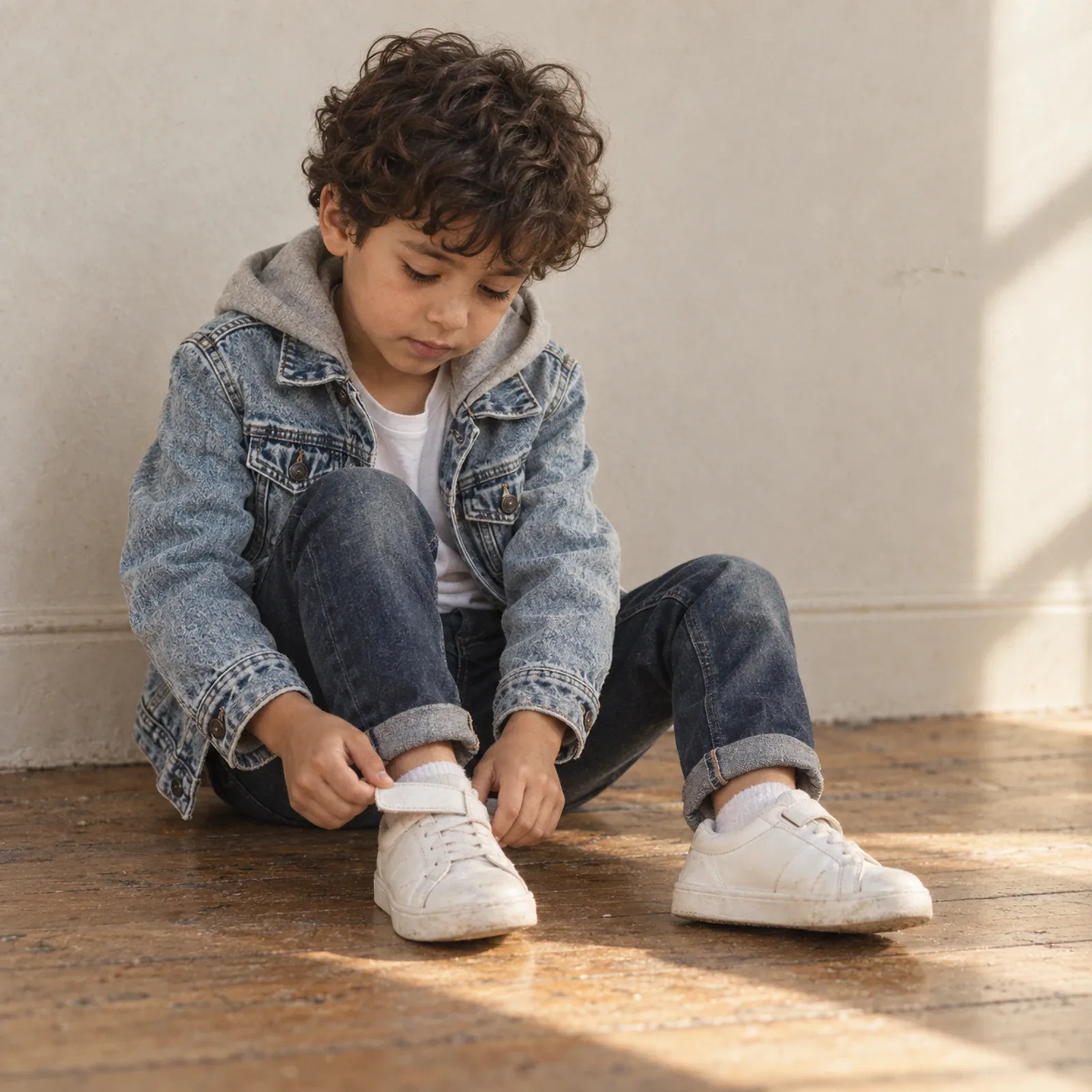 A small boy on a wooden floor fastening his shoe, in an acid-wash denim jacket and dark jeans.