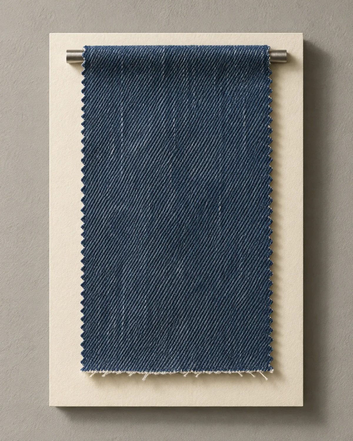 A fabric header: a length of mid-indigo twill denim mounted on a plain ecru card, hung from a metal bar.