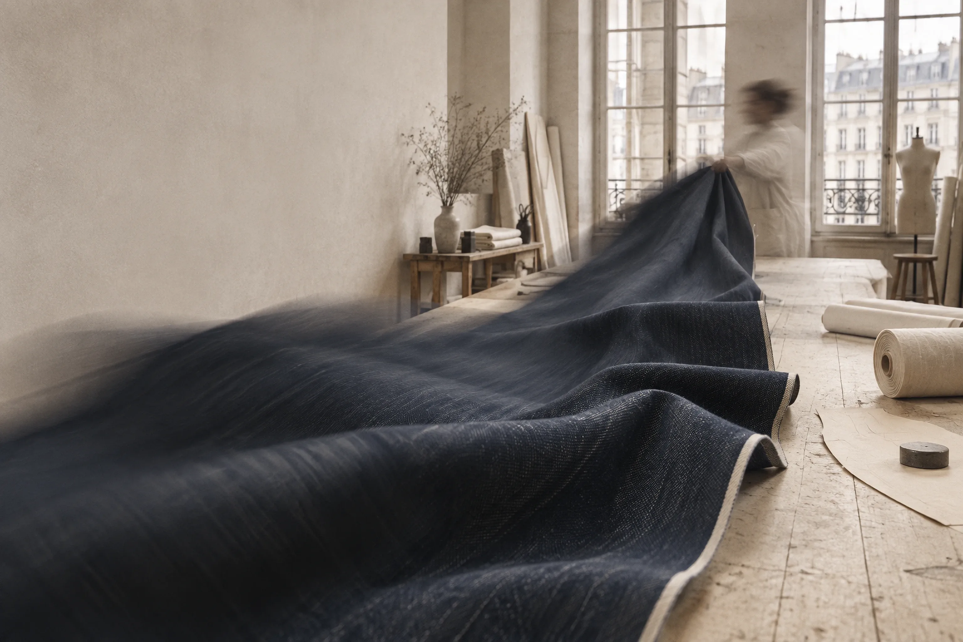A length of indigo denim unfurling across a long cutting table in a quiet atelier, the maker a soft blur behind it.