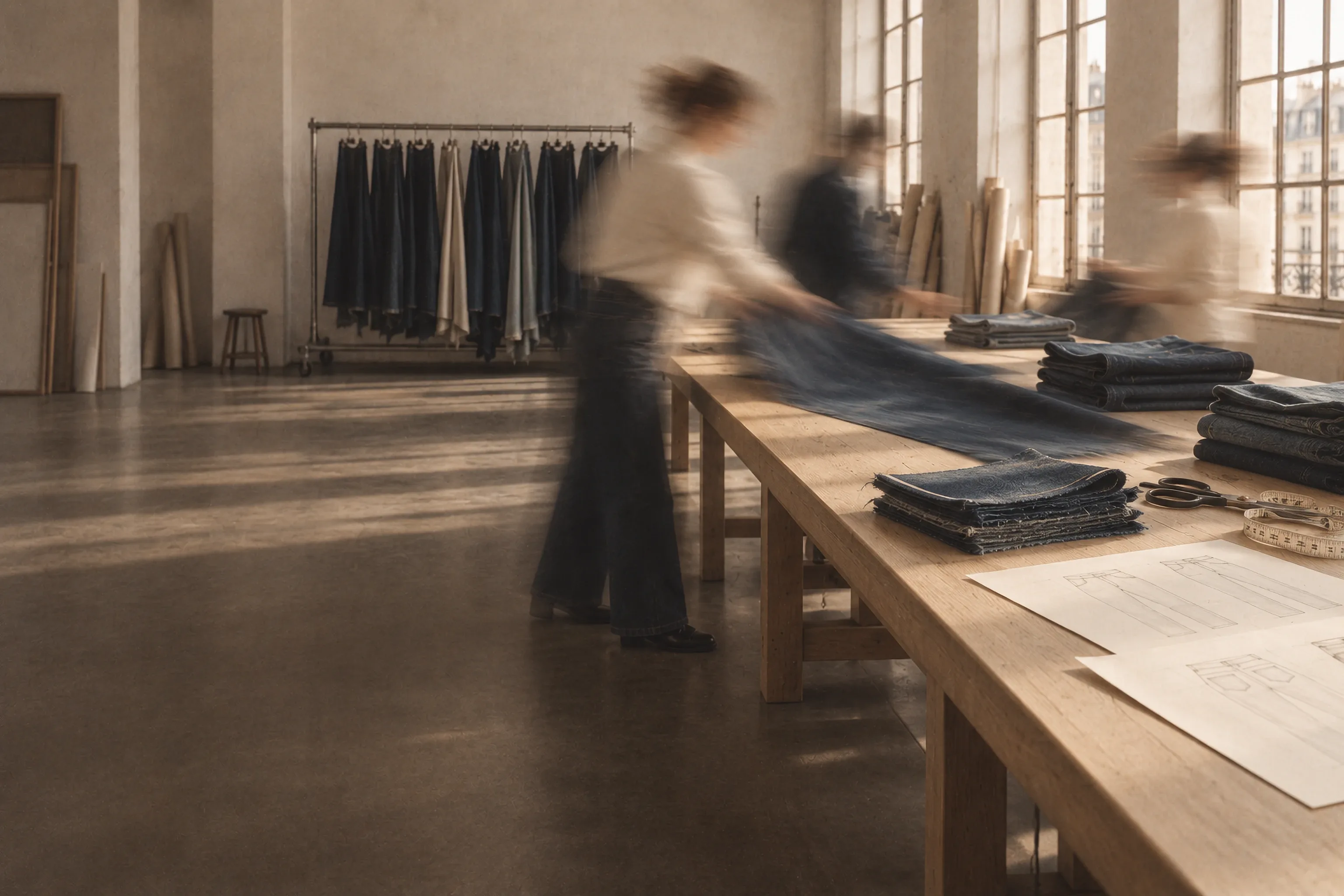 A long exposure of the NRM studio: people moving round a wide design table laid with folded denim, a tech pack and samples, a rail of jeans behind them under tall windows.