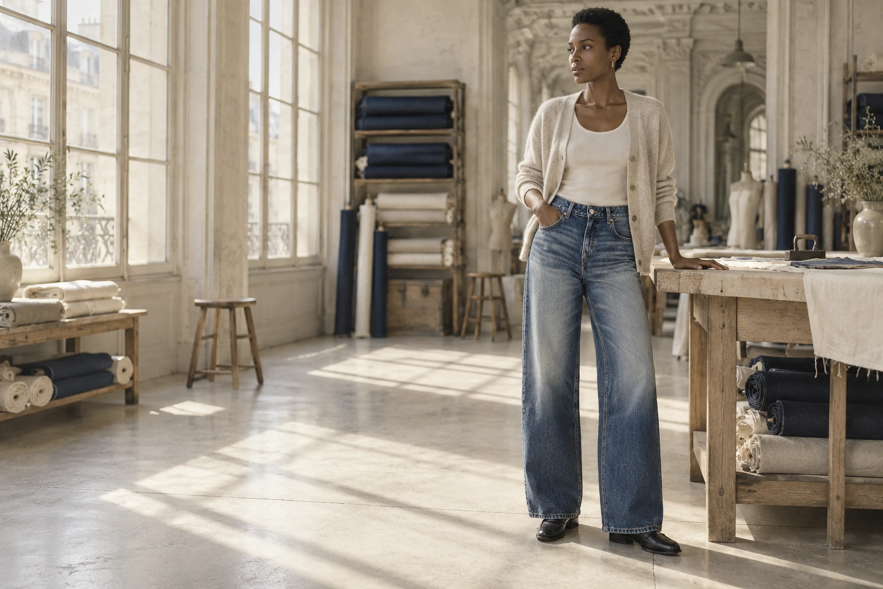 The same woman and atelier photographed: mid-blue wide-leg jeans with a faded thigh, a cream cardigan, rolls of denim on the shelves.