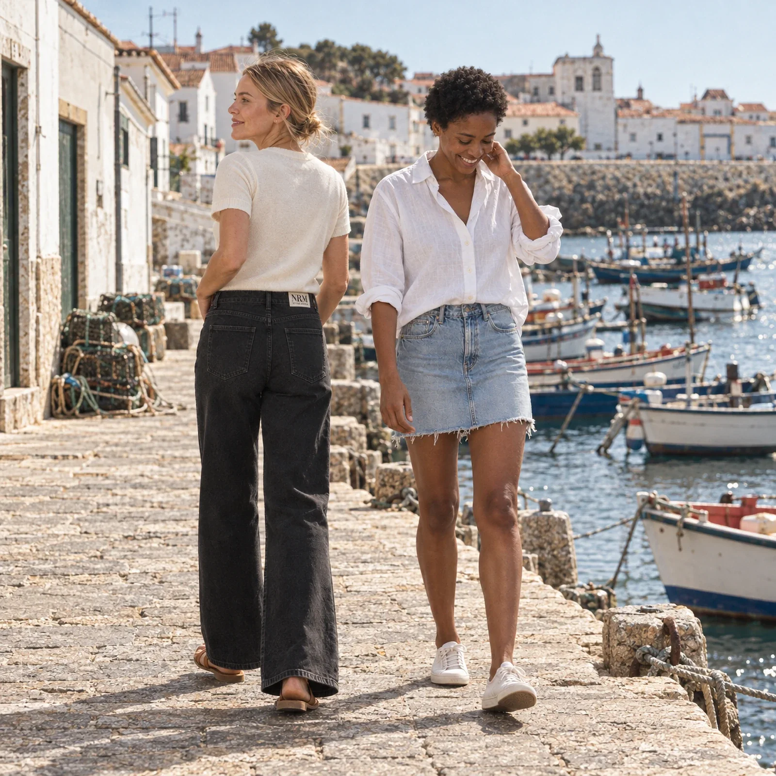 Two women stroll along a stone quay in a Portuguese harbour town, one in black wide-leg jeans and a cream knit, the other in a light frayed denim mini skirt and a loose white linen shirt.