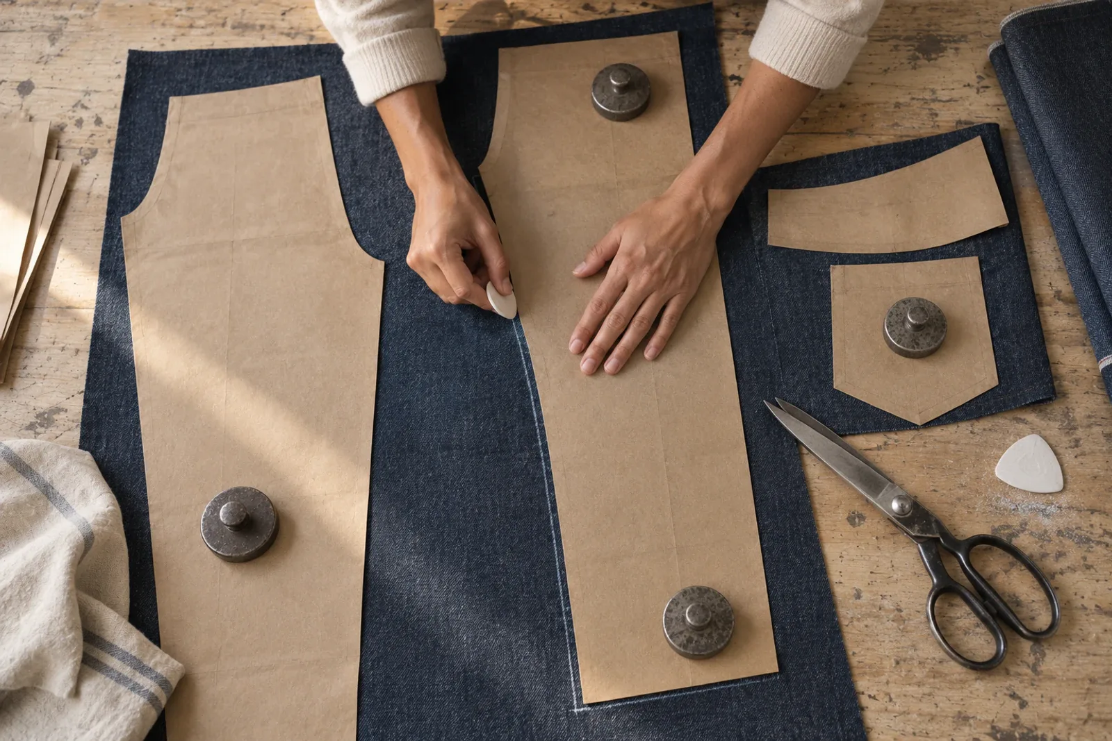 Paper pattern pieces for jeans weighted on dark denim, a hand marking the edge in chalk.