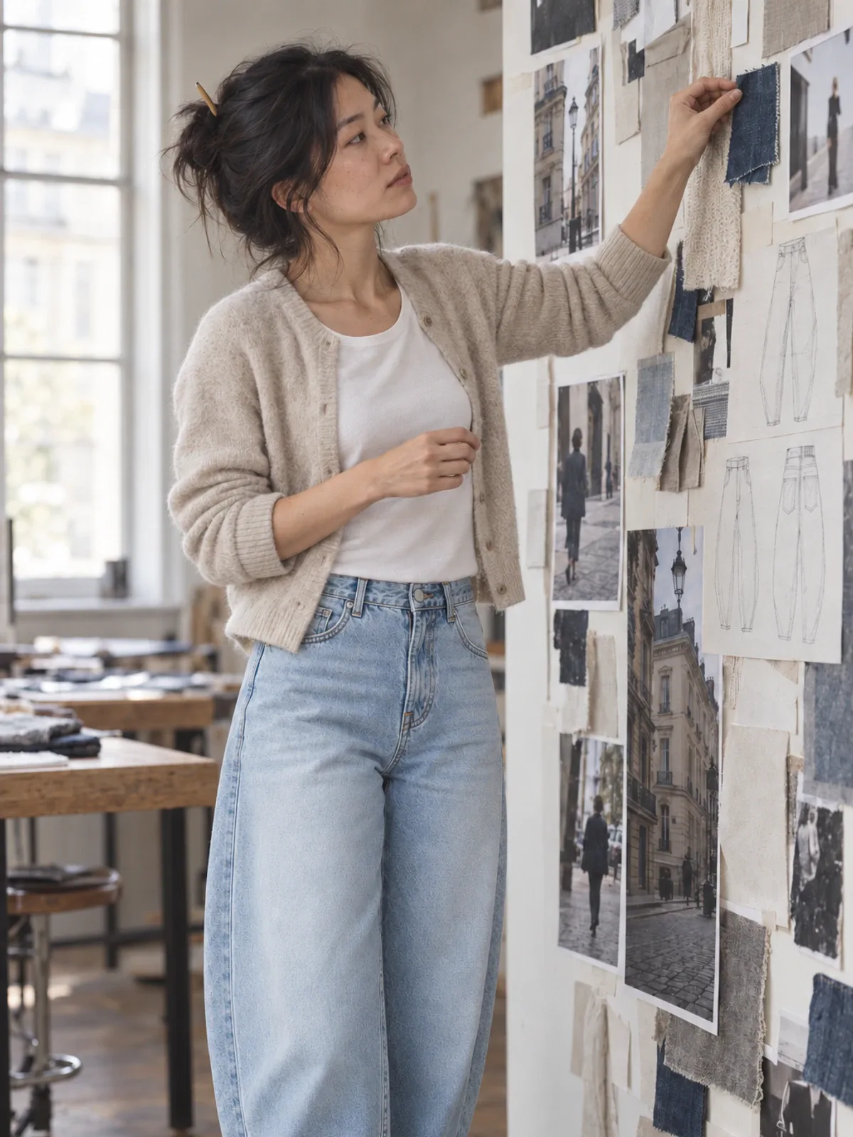 A designer in a cream cardigan and light barrel jeans pins a denim swatch to a mood board of sketches and street photos.