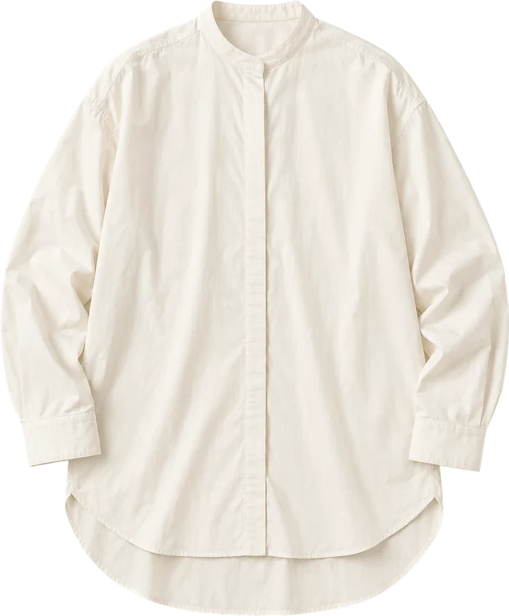 Ecru oversized poplin shirt with a band collar and a curved hem.