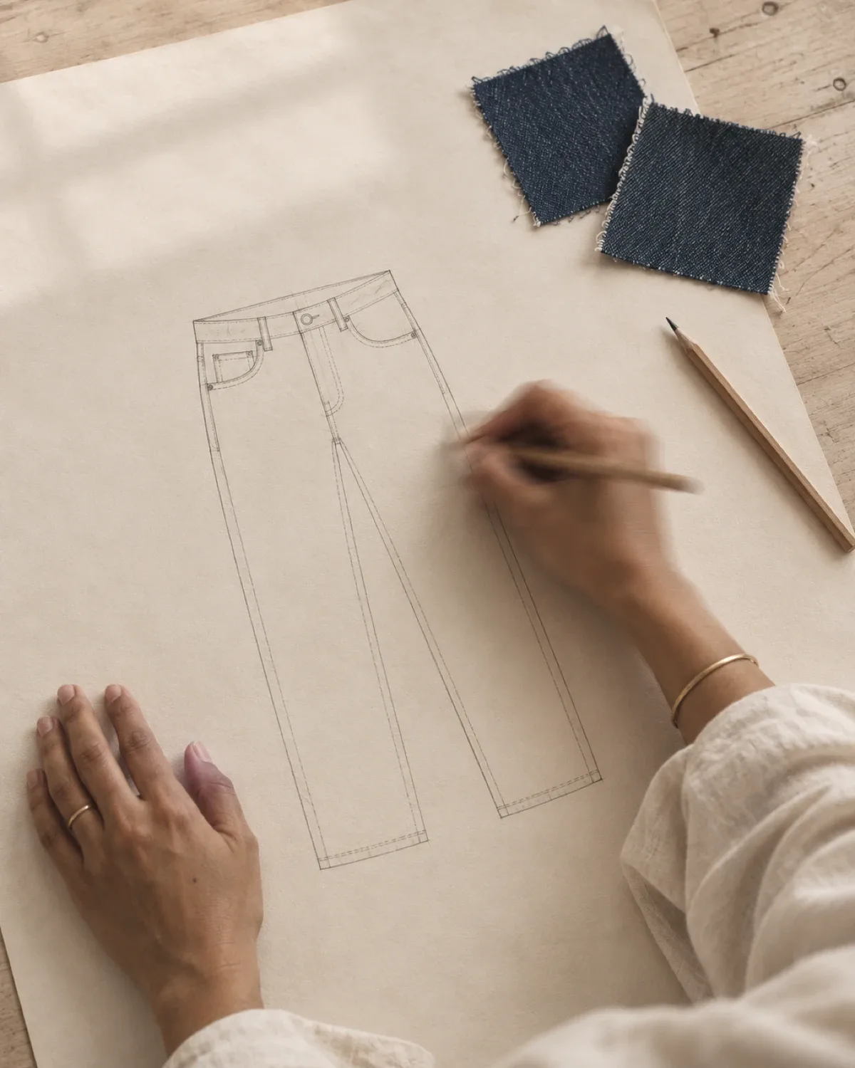 Hands sketching a pair of jeans in pencil, the hand blurred mid-stroke.