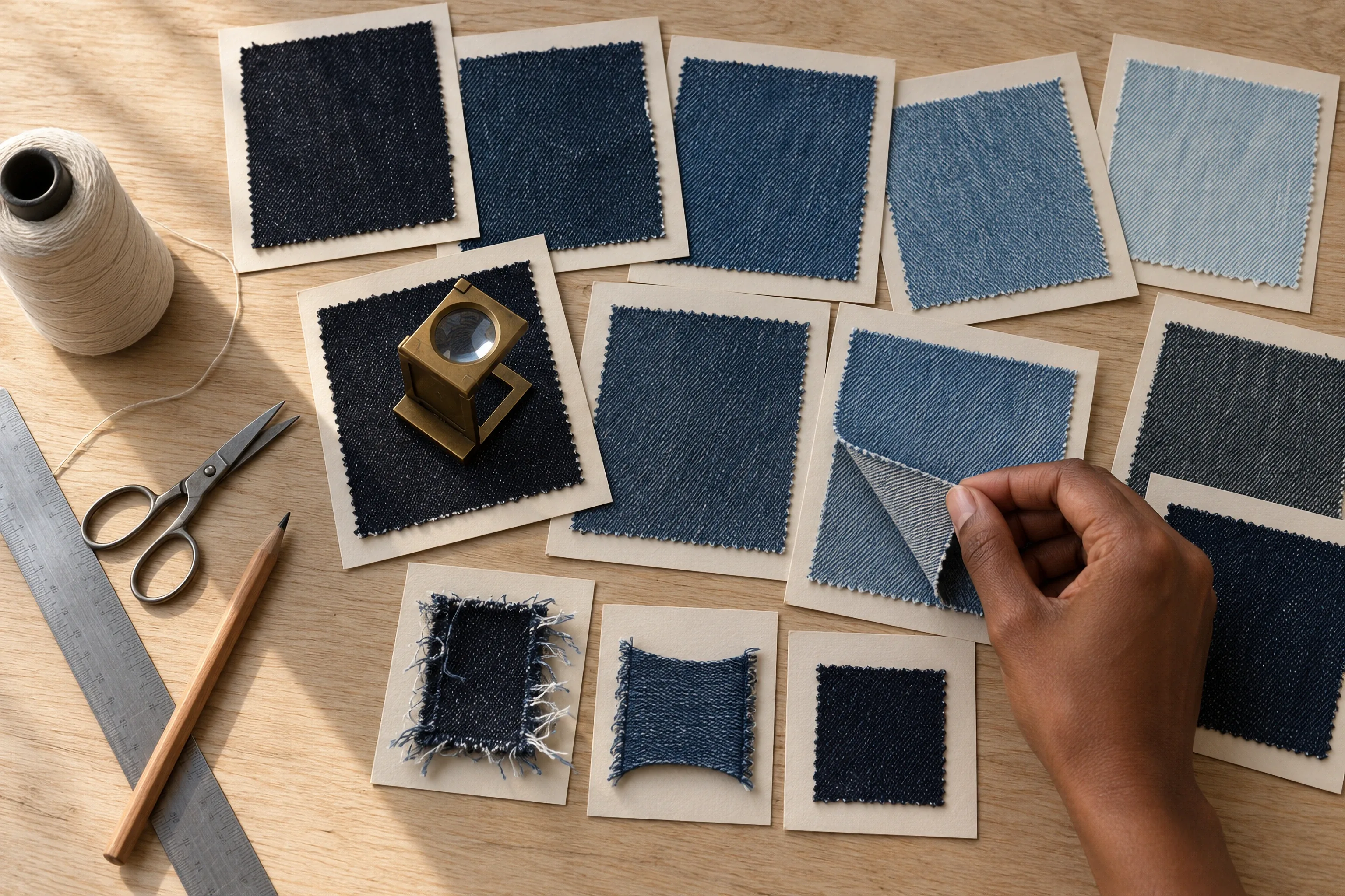 Seen from above, denim swatches on cards laid across an oak table, from rinse to light bleach, with washed and stretched test pieces, a brass linen tester, scissors and a ruler; a hand lifts one swatch to see its back.