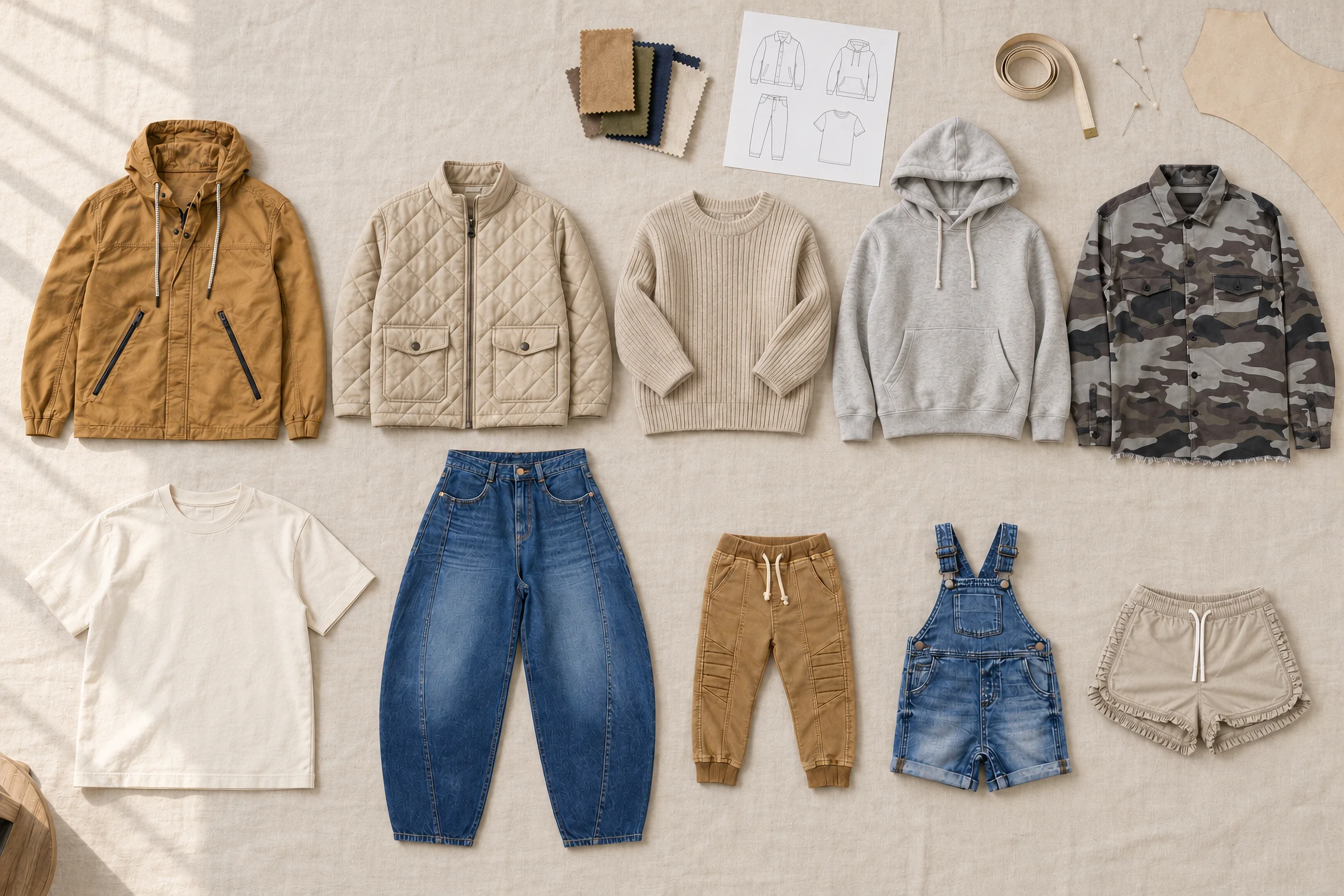 Seen from above, a long linen-covered sample table with finished samples laid out: a padded jacket, a hooded utility jacket, a rib knit sweater, a fleece hoodie, a camo overshirt, a jersey tee, barrel jeans and three small kidswear pieces, between swatches and a tech pack.