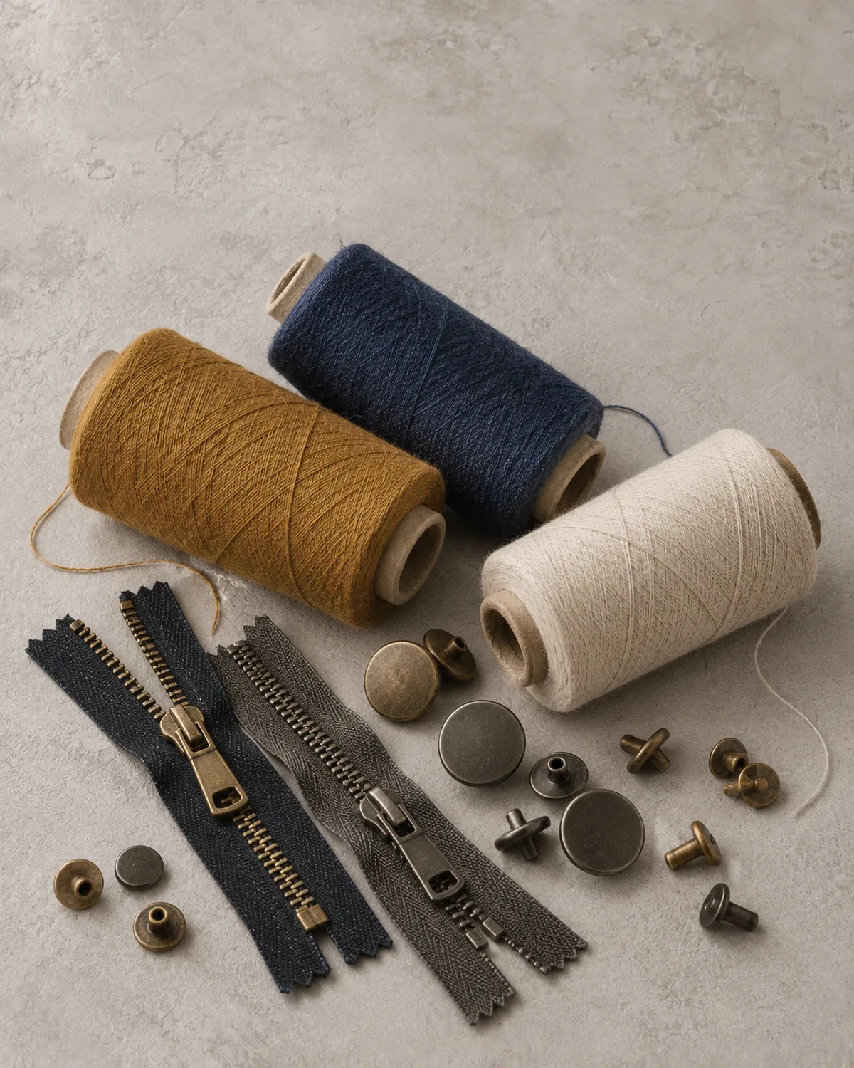 Jeans trims on pale plaster: brass and gunmetal shank buttons and rivets, two metal zips and three cones of thread.