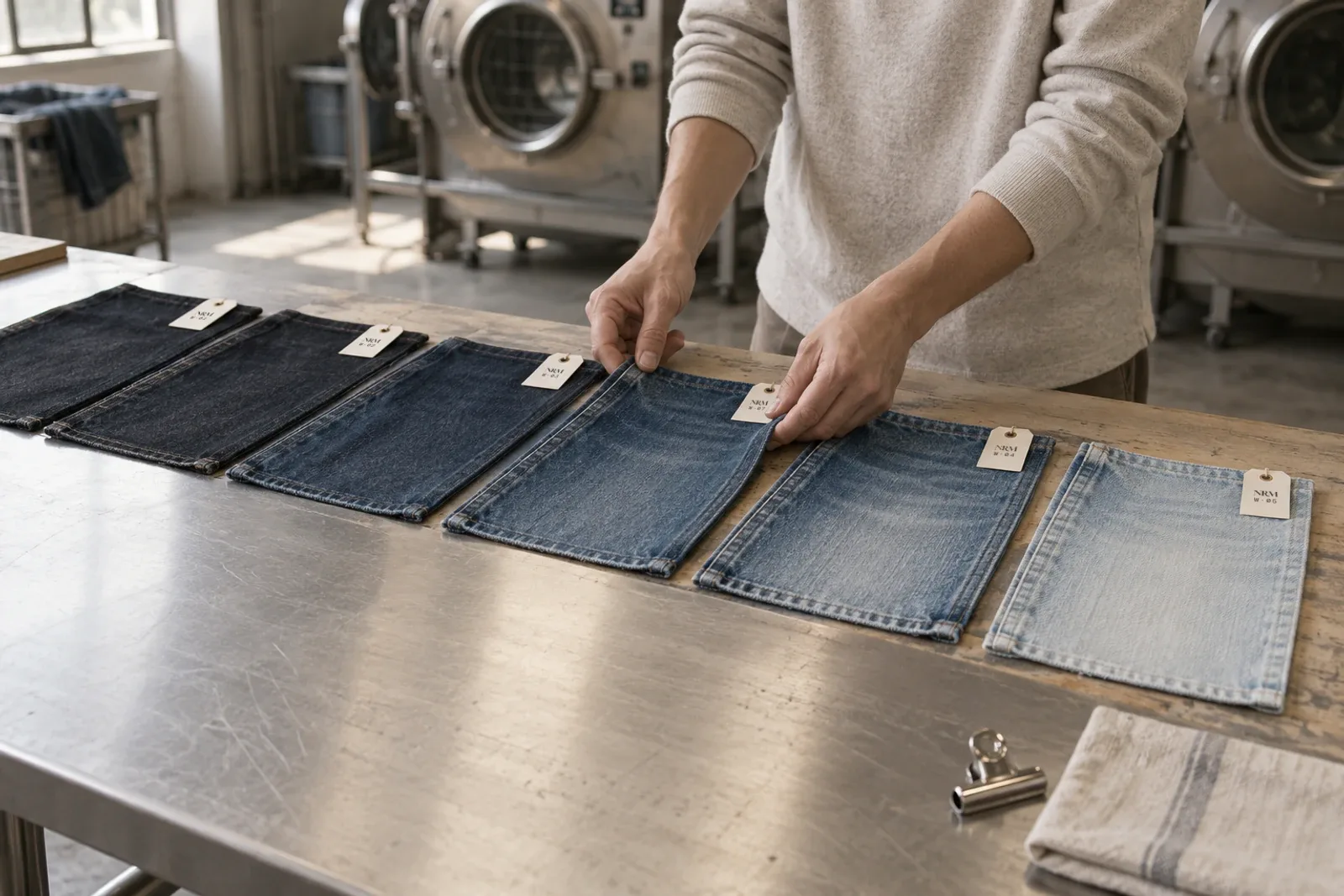 A man in a cream sweater lays a row of denim wash panels, dark to light, on a steel table in a wash room.